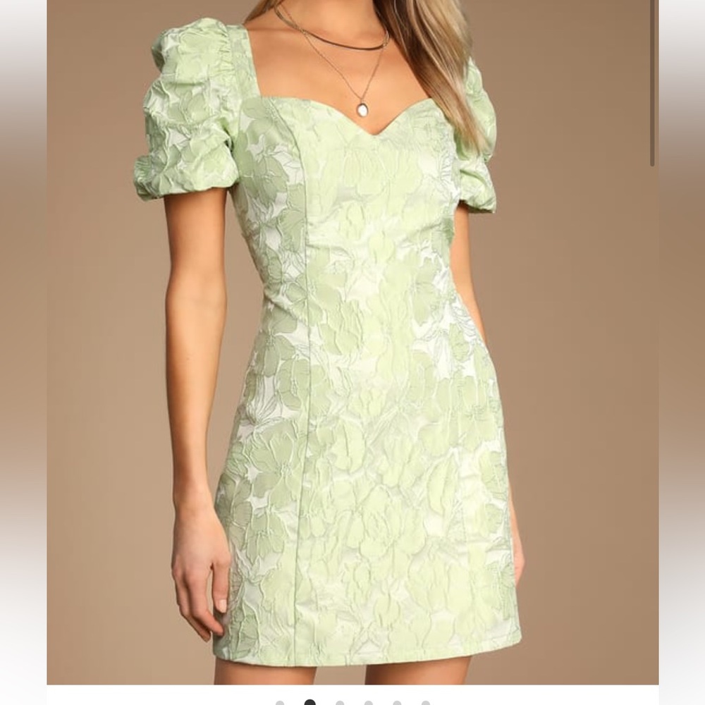 Lulus Light Green Floral Jacquard Puff Sleeve Dress